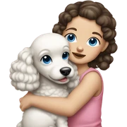 Brunette baby girl with blue eyes, wearing pigtails hugging a baby poodle sticker