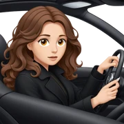 A thin white woman with long wavy brown hair in a black coat with brown eyes while driving a car and wearing silver rings and looks beautiful focused sticker