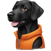 Black lab dog in orange jacket  sticker