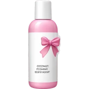 Pink and white skincare bottle with a small pink and cream colored bow as the logo sticker
