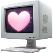Monitor Emoji "A pastel pink computer monitor displaying a glowing, pixelated heart icon, surrounded by shimmering sparkles and dreamy light trails." sticker