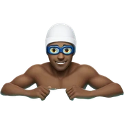 man swimming in a pool with a swimming cap and goggles sticker