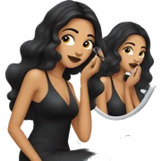 A long black haired woman wearing a skinny black shiny dress while applying makeup in front of a mirror. sticker