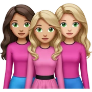 Three women, green eyed light skin with dark blonde long hair and Brown eyed light skin black long wavy hair and blue eyed light skin long blonde hair wearing cute pink outfits sticker