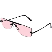 Retro-futuristic Y2K sunglasses with rimless colored lenses, metallic thin frames, 2000s cyber aesthetic sticker