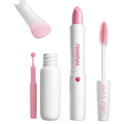 White mascara wand, next to a white cosmetics bag, white and pink lipstick, and a white container with pink blush sticker