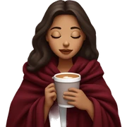 Brunette girl inside a burgundy blanket sipping coffee eyes closed sticker