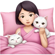 Short hair Asian girl in pink cloth wake up with white cat  sticker