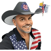 bearded boy in front of flag sticker