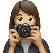 Woman with bangs, brown hair, with a camera taking pictures sticker