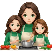 A mom and 10 years old daughter with brown eyes and beatiful lashes and hazel eyes and brown long beach waves hair while cooking together focused in a beautiful and luxurious kitchen mom wearing a green turtleneck sweater  sticker
