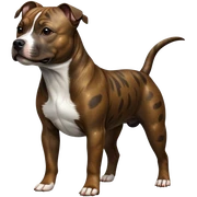 cinematic-[Staffordshire bull terrier]-realistic-full-body-standing-emoji,-tail-resting-loosely-beside-its-paws,-head-tilted-dramatically, -sleek-[brindle]-fur,-simplified-yet-realistic-focused-features,-highly-detailed,-glowing-with-an-almost-sarcastic-glow sticker