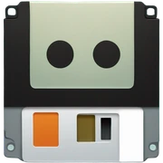 A retro floppy disk with a glowing pixel effect, futuristic neon grid background, simple bold design. sticker