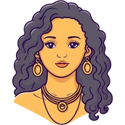 attractive Greek woman with long curly hair and light skin wearing gold hoop earrings and a gold necklace sticker