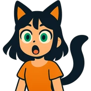 a surprised girl with huge green eyes, black fox ears, and a tail, dark hair sticker