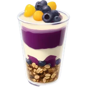 Açaí in a clear cup with layers of fruits and granola and condensed milk sticker