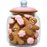 Realistic glass cookie jar with light pink lid full of gingerbread cookies isolated.  sticker