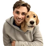 smiling boy with dog indoors sticker
