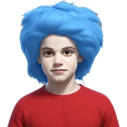 blue haired boy in red sticker