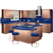 Realistic front facing rose gold and cobalt blue kitchen with counter and island bar. sticker