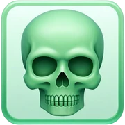a Tiny compressed Stylized green skull symbol inside a pastel gradient white square icon sticker