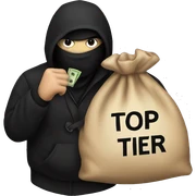 Thief wearing all black clothes stealing a money bag with the words Top Tier embroidered on it sticker
