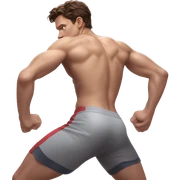 Tom Holland in a jock, backwards view, stretching glutes sticker