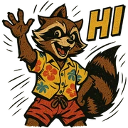 Rocket Raccoon Marvel Rivals summer skin, comic book style, waving, with text 'HI', transparent background sticker