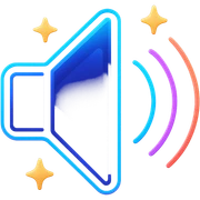volume icon with dark purple, blue, and black base, bright accents, complex gradients, stars, bright neon border, elegant futuristic speaker symbol, glow and lighting effects, sophisticated futuristic icon style sticker