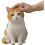 Un gato blanco con manchas naranjas siendo acariciado en la cabeza por una mano humana, sentado sobre un piso de cemento dentro de una casa. Cámara en primera persona, formato vertical 9:16, movimientos naturales, iluminación cálida, hiperrealista, calidad 4K, enfoque cinematográfico. sticker