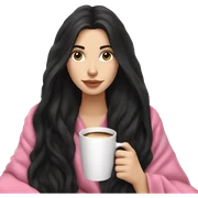 A pretty white girl with very long black hair in a pink blanket sipping coffee sticker