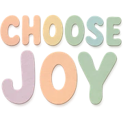 "Choose Joy" soft pastel rainbow rounded letters, cute bubble font, no frame, transparent background sticker