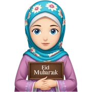 Turkish beautiful finish Konya girl blue eyes with floral hijab dress islamic dress and had on her hand text Eid Mubarak  sticker