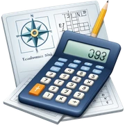 An icon featuring mathematical formulas, a calculator, and geometric shapes, symbolizing mathematics. The design includes numbers, a ruler, and a compass, representing the study of numbers, logic, and equations. Transparent background highlights the science of calculation and analysis sticker