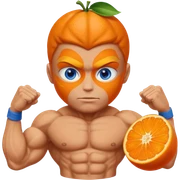 A body builder with a orange 🍊 fruit head and blue eyes sticker
