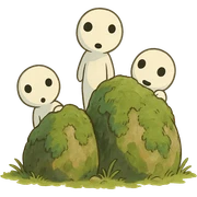 small whimsical forest spirits peeking from behind mossy rocks, playful mood, ghibli style sticker