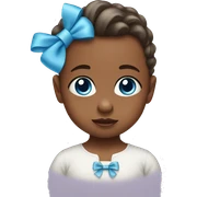 a baby with blue eyes wearing a bow sticker