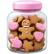 Realistic glass cookie jar with light pink lid full of gingerbread cookies isolated.  sticker