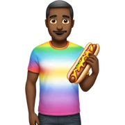 Man with rainbow shirt holding a hotdog sticker