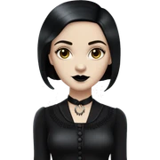   Hostess Wednesday Addams. very light skin face. Black lipstick and eyeshadow. Earrings matching necklaces. Long silky raven hair.  Silk pajamas separates, black high heel.  sticker