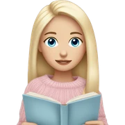 Pretty blue eyed white girl with light pink sweater reading cozy sticker
