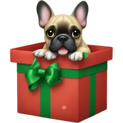 French bulldog popping out of a wrapped Christmas gift box, wearing a green bow around its neck sticker