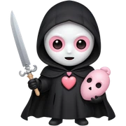 > "Cute chibi Ghostface with big shiny eyes, blush on mask, small rounded body, black cloak with heart buttons, holding a toy knife or pink phone. Pastel colors, kawaii style, soft sparkly background."
 sticker