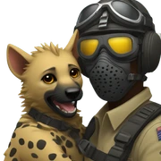Yellow army Pilot with black mask googles, and then a big hyena hugging him sticker