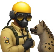 Yellow army Pilot with black mask googles, and then a big hyena kissing kissing him sticker