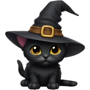 Small black kitten wearing a witch hat sticker