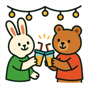 bunny and bear clinking juice cups under string lights sticker