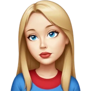 female, wearing red shirt, long mittle-blonde hair with thin bangs sticker