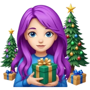 Girl, purple hair, Christmas tree on background with lights. And gift box on hand. Long hair. Blue eyes sticker