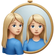 young woman with long straight dirty blonde hair, side bangs, and blue eyes. She is admiring herself in a mirror sticker